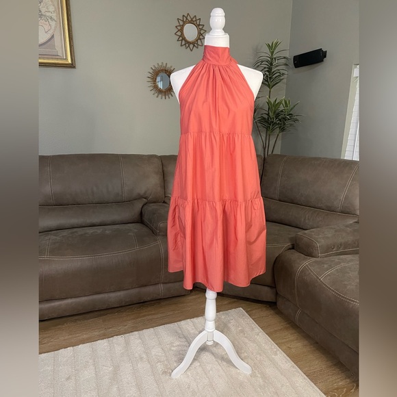 NWT Theory Tech Lawn Halter Tier Mini Dress in Pink Coral Sz M Fall Fashion Chic - Picture 3 of 11